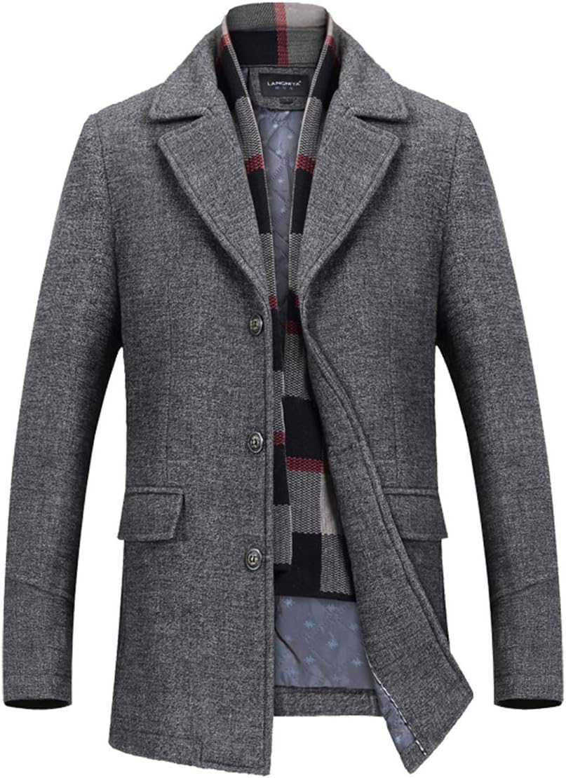 INVACHI Men's Wool Blend Pea Coat Warm Winter Trench Coat with Detachable Soft Scarf Single Breasted Overcoat