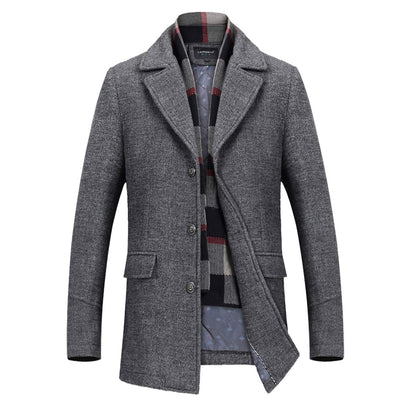 INVACHI Men's Wool Blend Pea Coat Warm Winter Trench Coat with Detachable Soft Scarf Single Breasted Overcoat