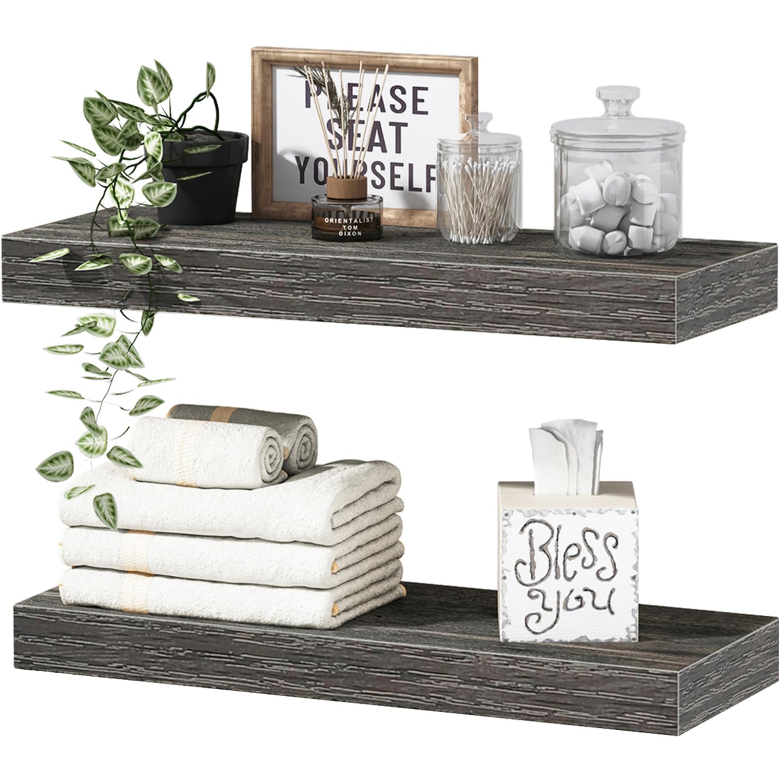 QEEIG Bathroom Floating Shelves for Wall Mounted Shelf Over Toilet Farmhouse Home Decor Display Shelving Small 16 inch Set of 2, Rustic Brown (008-40BN)