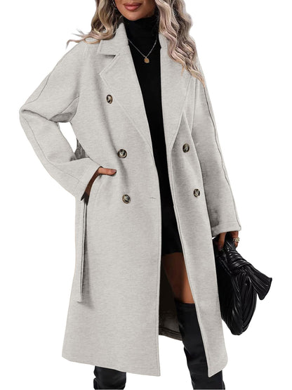 Danedvi Women Elegant Wool Pea Coat Lapel Collar Double Breasted Mid-Long Winter Overcoats with Belted Pockets
