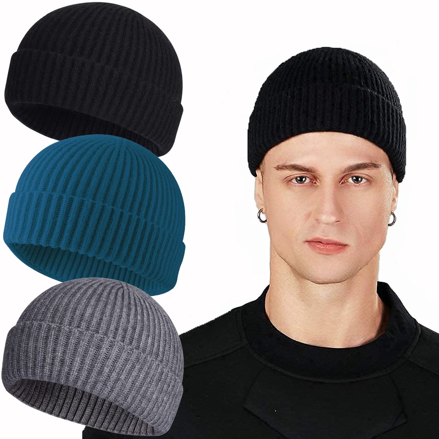 ROYBENS Swag Wool Knit Cuff Short Fisherman Beanie for Men Women, Winter Warm Hats