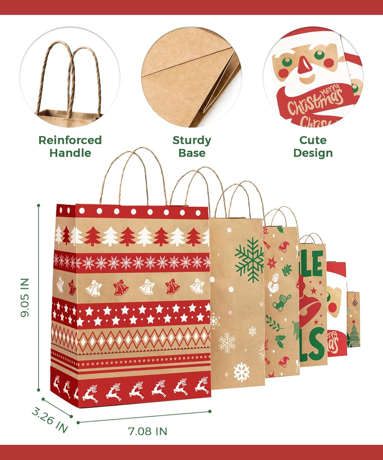 24-Pack Christmas Gift Bags – 6 Assorted Xmas Designs, Small Christmas Goody Bags Bulk with Handles for Wrapping Gifts, Party Favors and Holiday Decor