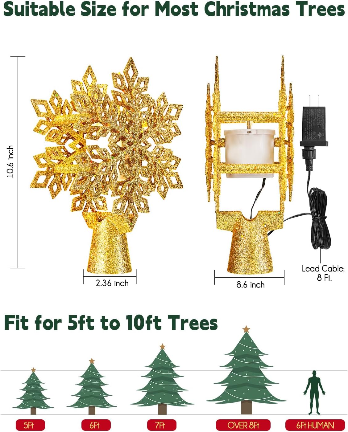 Brightown Christmas Tree Topper with Built-in 3D Glitter Led Snowflake Projector Lights, Gold Hexagonal Snowflake Tree Toppers Christmas Decorations Indoor for Xmas New Year Party Holiday