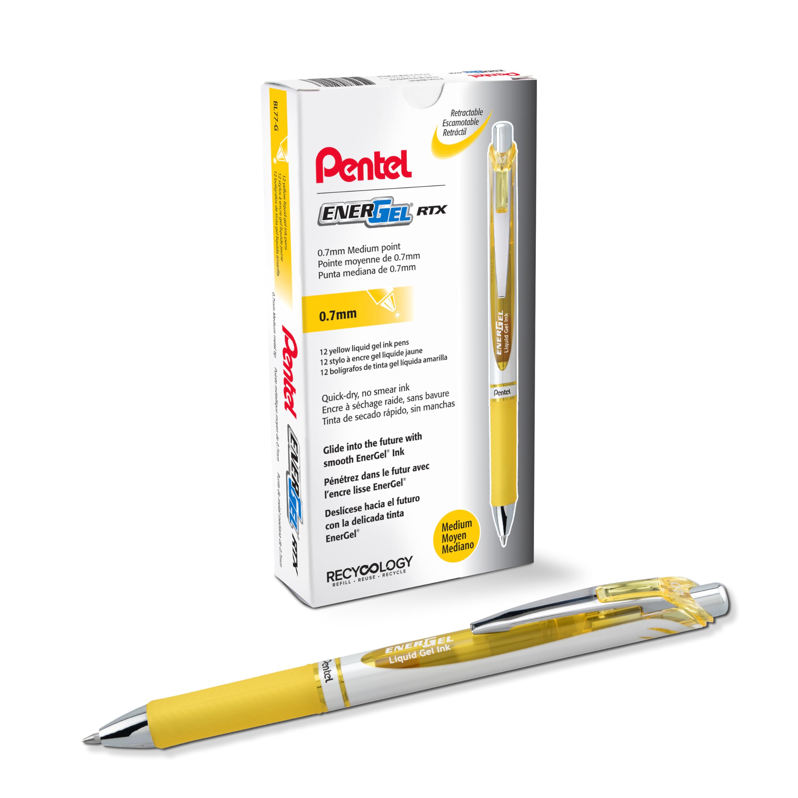 Pentel EnerGel Retractable Liquid Gel Pens, Medium Point, 0.7 mm, Silver Barrel, 12 Black Ink pens, the Ultimate writing pens, the Best Writing Pens for office, school and journaling, Pack of 12