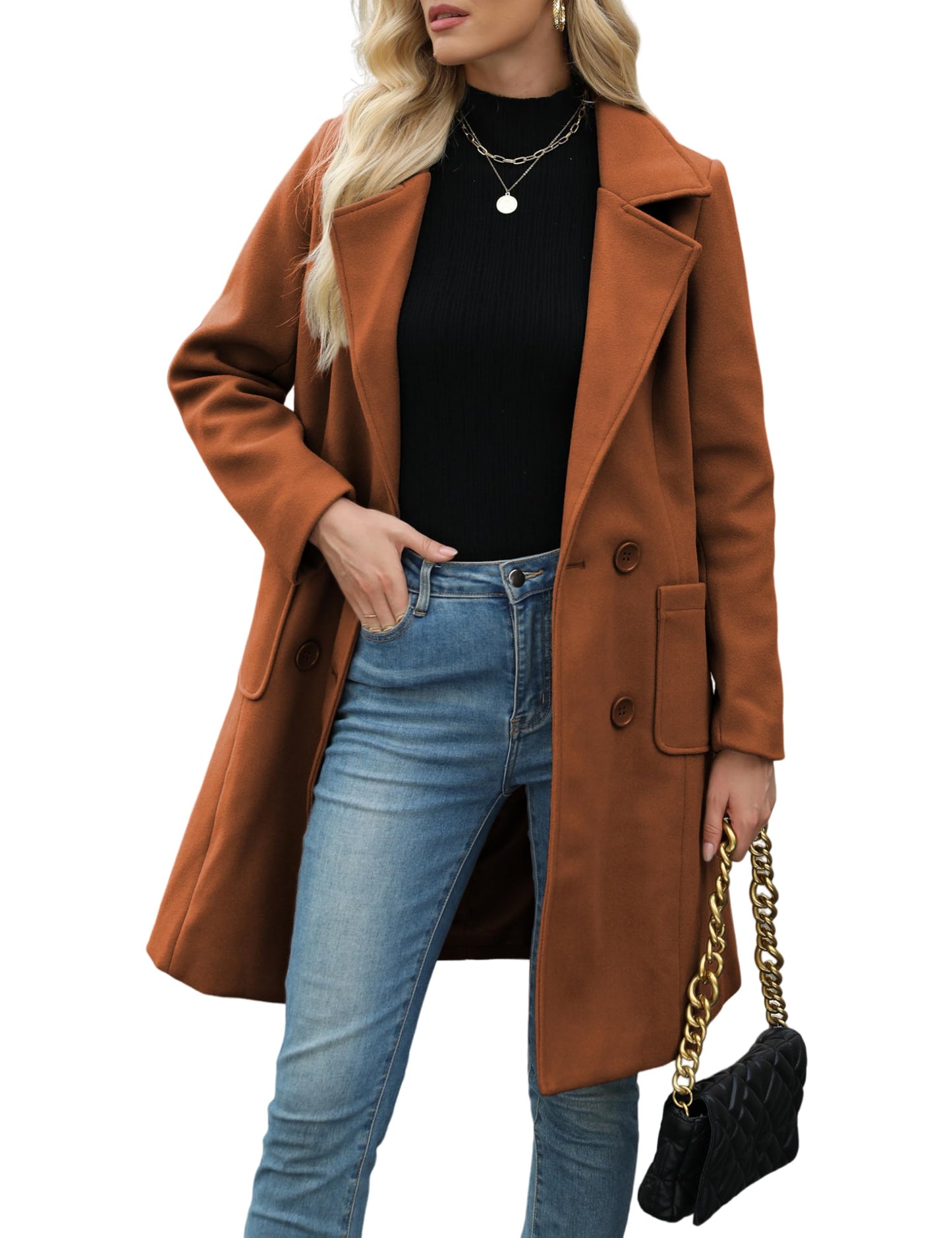 Bankeng Women Winter Wool Blend Camel Mid-Long Coat Notch Double-Breasted Lapel Jacket Outwear