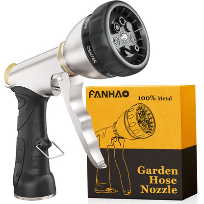 FANHAO Garden Hose Nozzle, 100% Heavy Duty Metal Spray Nozzle High Pressure Water Nozzle with 4 Patterns for Watering Garden, Washing Cars and Showering Pets - Full Brass Nozzle + ABS Non-Slip Grip