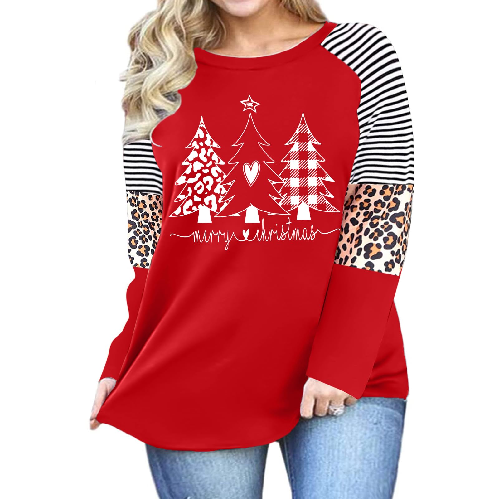 Plus Size Christmas T Shirt Women Xmas Leopard Plaid Trees Print Tees Casual Long Sleeve Holiday Shirts Top