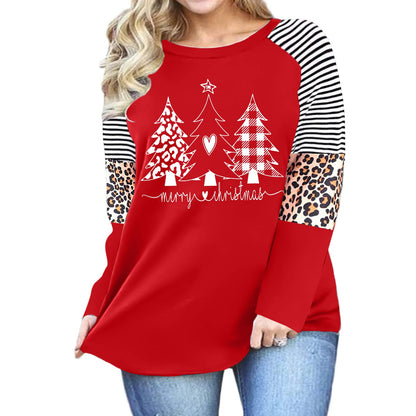 Plus Size Christmas T Shirt Women Xmas Leopard Plaid Trees Print Tees Casual Long Sleeve Holiday Shirts Top