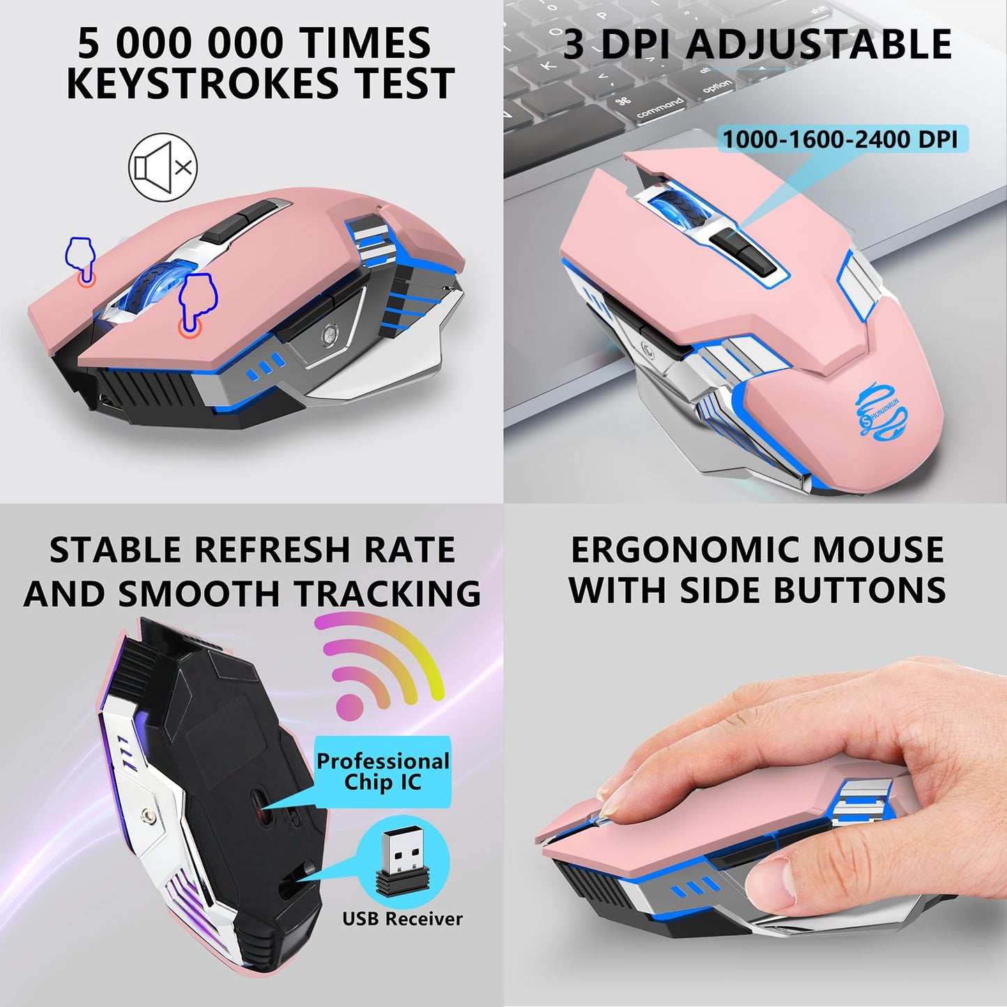Bluetooth Gaming Mouse, RGB Rechargeable USB Wireless Mouse, Quiet Click, LED Backlit, Ergonomic, with Side Button, 6 Button, DPI Adjustable, Computer Mice for Laptop PC MacBook Chromebook - Grey