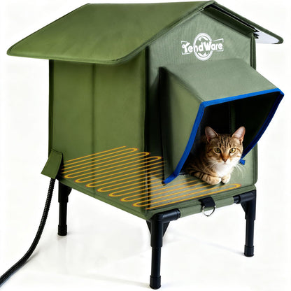 Outdoor Cat House Heated Cat House for Outside with Elevated Base Cat-Attracting Eave Design Feral Stray Shelter Weatherproof in Winter Garage Yard Porch Size M