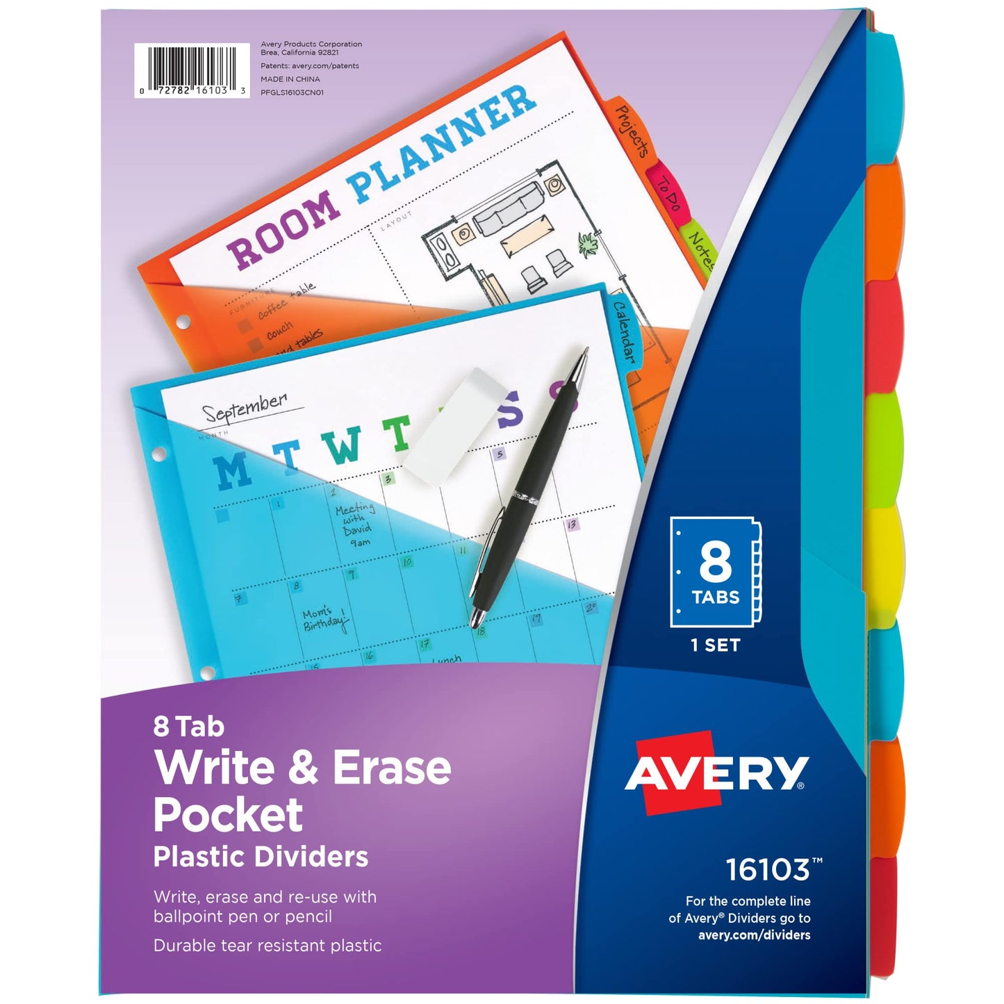 Avery Write & Erase Pocket Plastic Dividers for 3 Ring Binders, 8-Tab Sets, Multicolor, Tabs Viewable Beyond Sheet Protectors, 1 Set (16177)