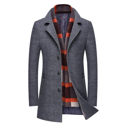 INVACHI Men's Wool Blend Pea Coat Warm Winter Trench Coat with Detachable Soft Scarf Single Breasted Overcoat