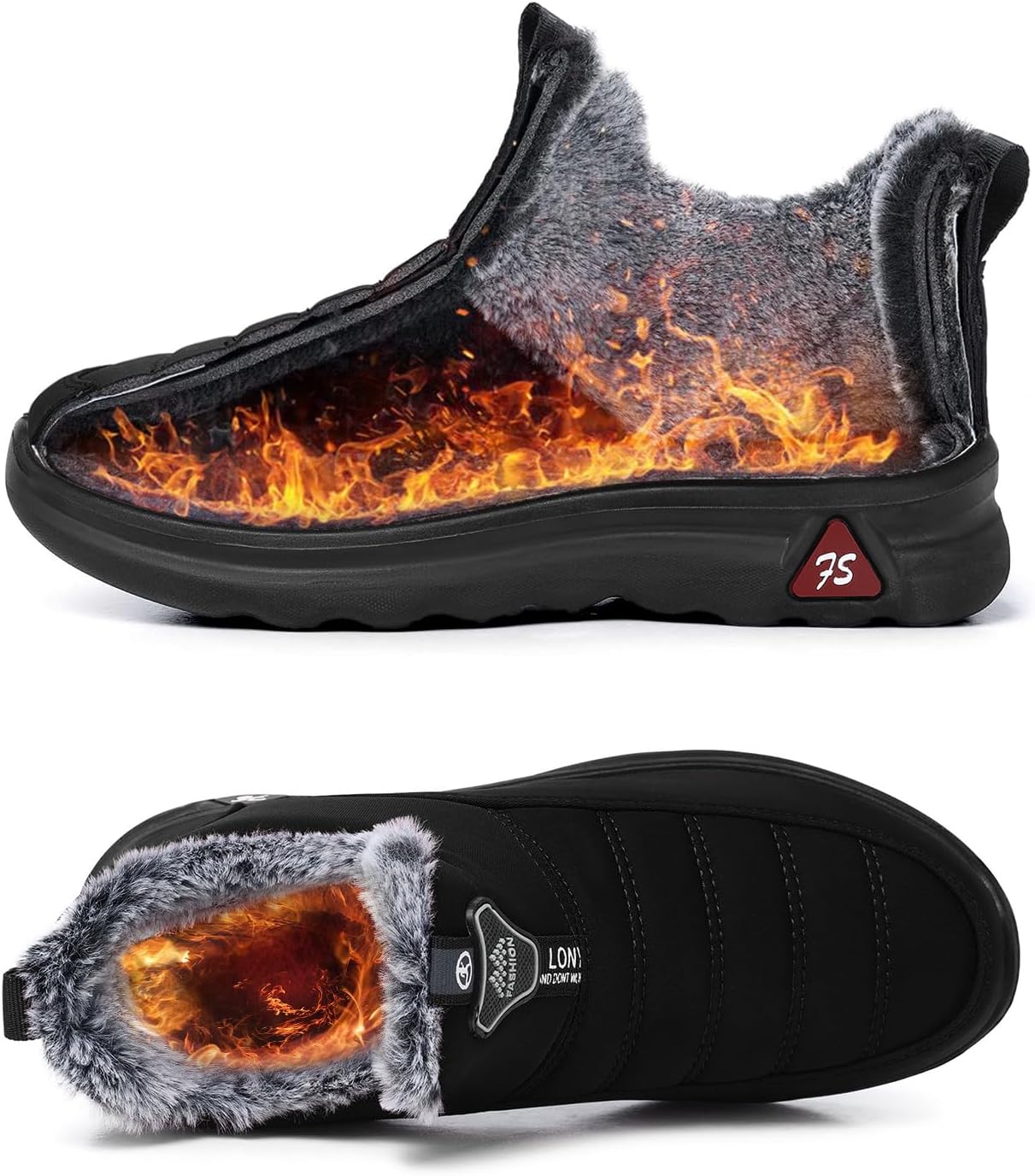 SHIBEVER Winter Boots for Women: Black Warm Fur Lined Slip on Ankle Snow Boots Comfortable Waterproof Outdoor Shoes Size