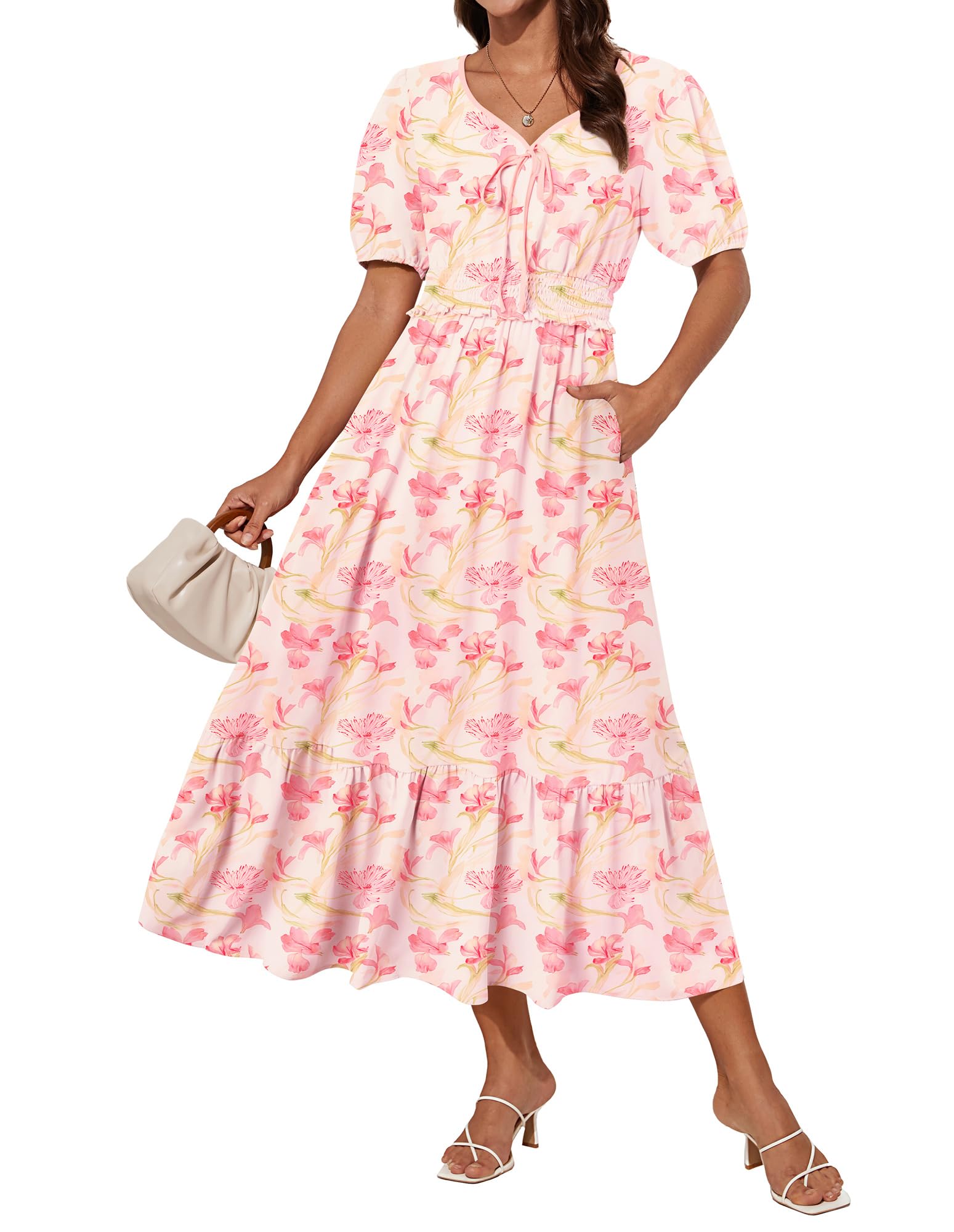 GRACE KARIN 2025 Women's Summer Floral Flowy A Line Midi Dresses Elegant Short Sleeve Smocked V-Neck Tiered Dresses