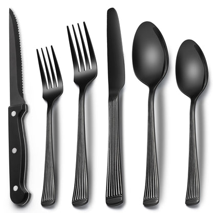 24-Piece Black Silverware Set with Steak Knives, Black Flatware Set for 4, Food-Grade Stainless Steel Tableware Cutlery Set, Mirror Finished Utensil Sets for Home Restaurant