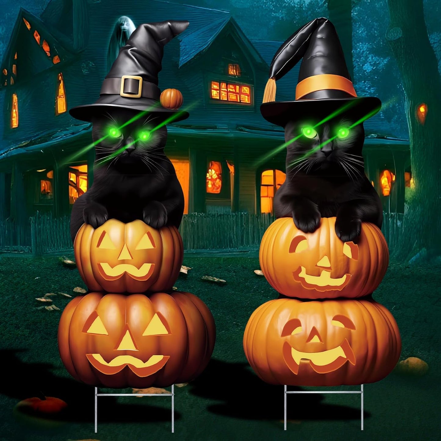 2Pcs 4.0FT Black Cat Halloween Decorations Outdoor- Plastic Yard Signs With Stakes, Spooky Pumpkin Outdoor Decor, Scary Silhouette With Glow in Dark Eyes for Yard, Lawn, Garden