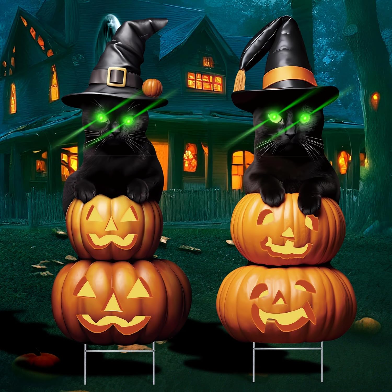 2Pcs 4.0FT Black Cat Halloween Decorations Outdoor- Plastic Yard Signs With Stakes, Spooky Pumpkin Outdoor Decor, Scary Silhouette With Glow in Dark Eyes for Yard, Lawn, Garden