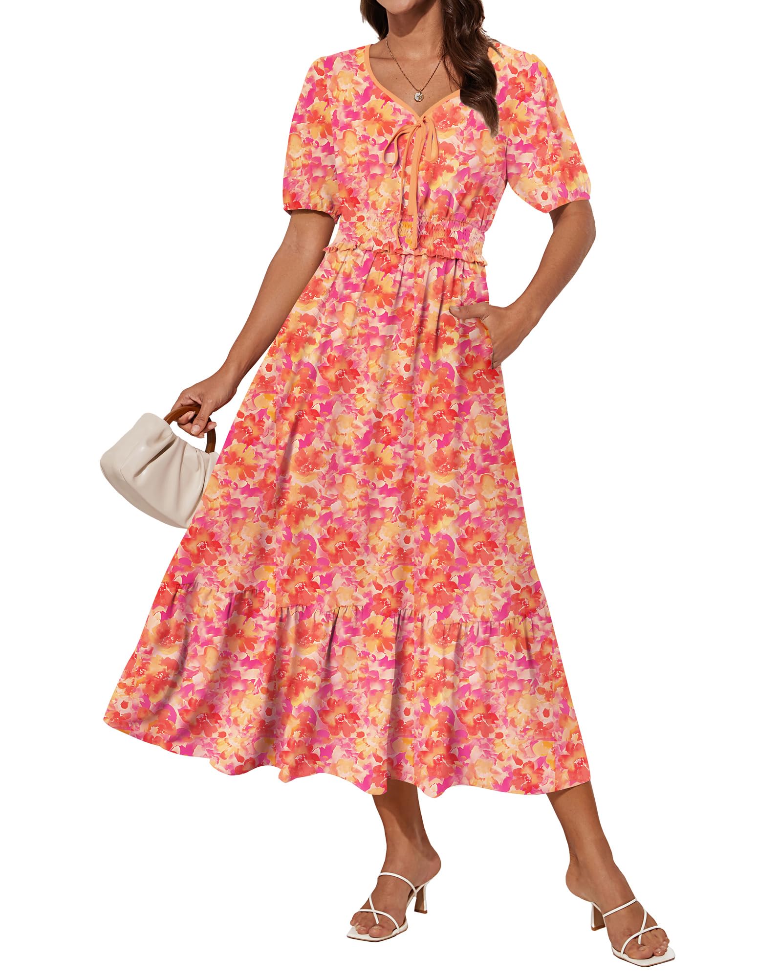 GRACE KARIN 2025 Women's Summer Floral Flowy A Line Midi Dresses Elegant Short Sleeve Smocked V-Neck Tiered Dresses