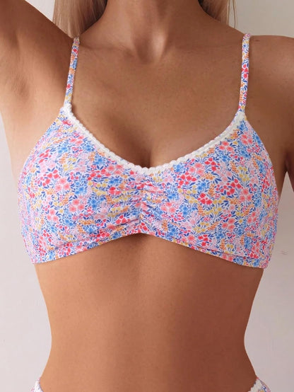 Limeeke Women's Bikini Sets Ditsy Floral Print Ruched Two Piece Swimsuits Spaghetti Strap Swim Bathing Suit 2025
