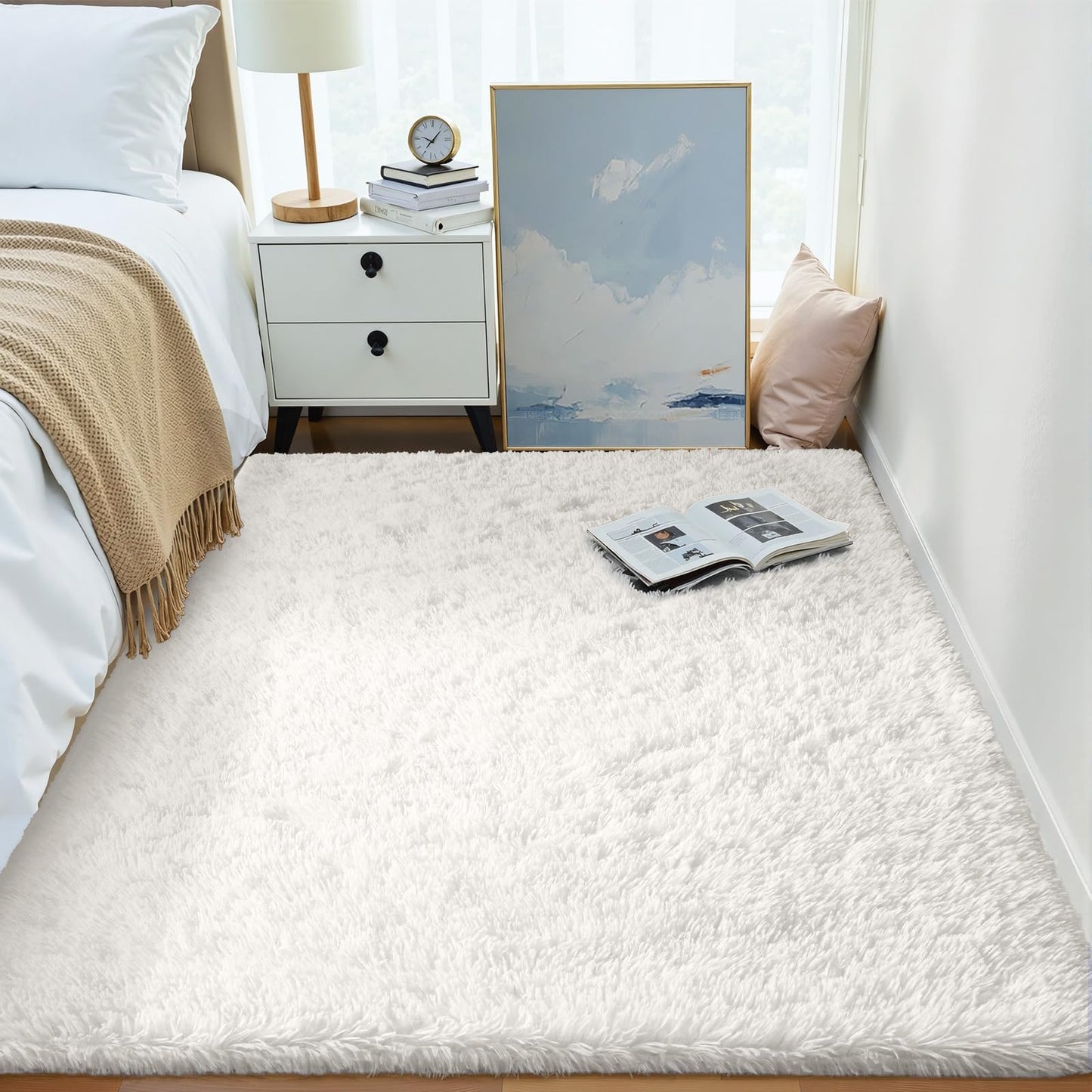 OLANLY Area Rugs for Living Room Bedroom, Machine Washable 4x5.9 ft Soft Fluffy Shaggy Bedside Rug, Indoor Floor Carpet for Kids Girls and Boys, Dorms, Nursery Rooms, Home Decor Aesthetic, Grey