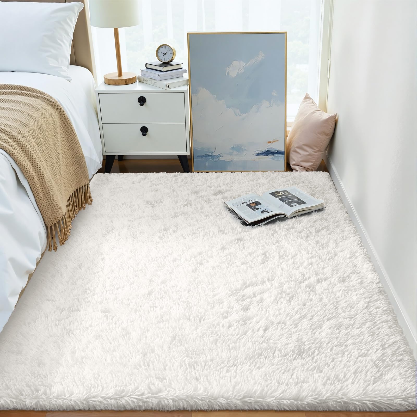 OLANLY Area Rugs for Living Room Bedroom, Machine Washable 4x5.9 ft Soft Fluffy Shaggy Bedside Rug, Indoor Floor Carpet for Kids Girls and Boys, Dorms, Nursery Rooms, Home Decor Aesthetic, Grey