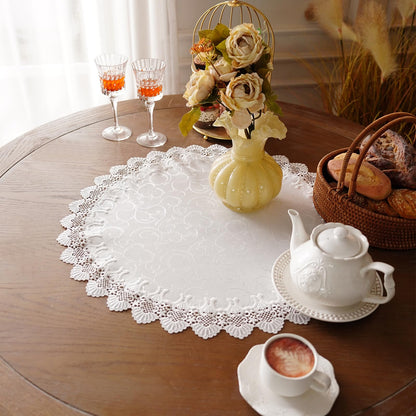 White Round Tablecloth Jacquard Table Cloth with Exquisite Lace Border Farmhouse Tablecloths Fall for Dining Wedding Coffee Outdoor Indoor Party Holiday Tabletop Use (White, 70 Inches Round)