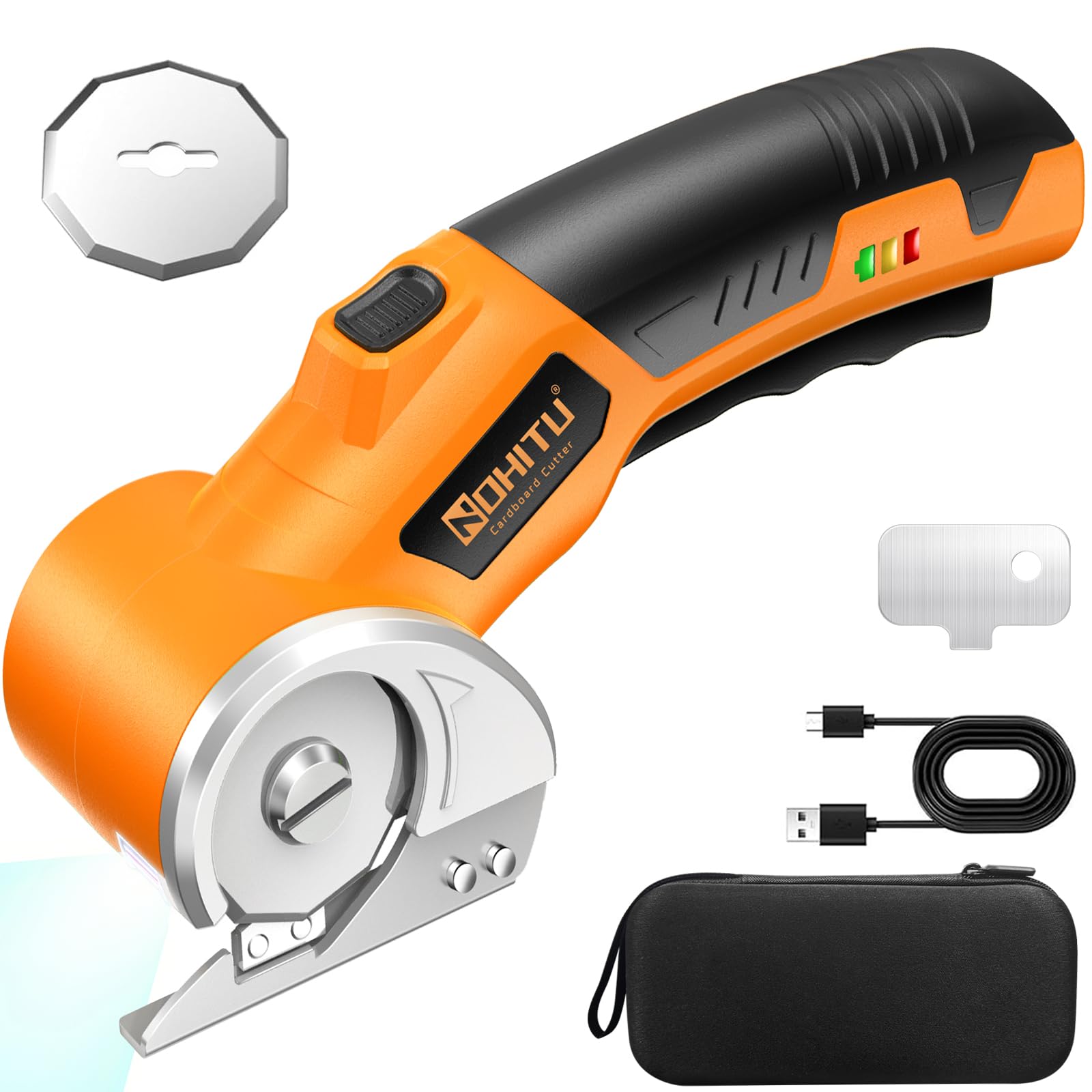 Cordless Electric Scissors: 4V Rechargeable Rotary Cardboard Cutter, 3000mAh Battery, with LED Light, 2 Blades, Box Cutter for Fabric Carpet Carton Plastic Leather Cloth