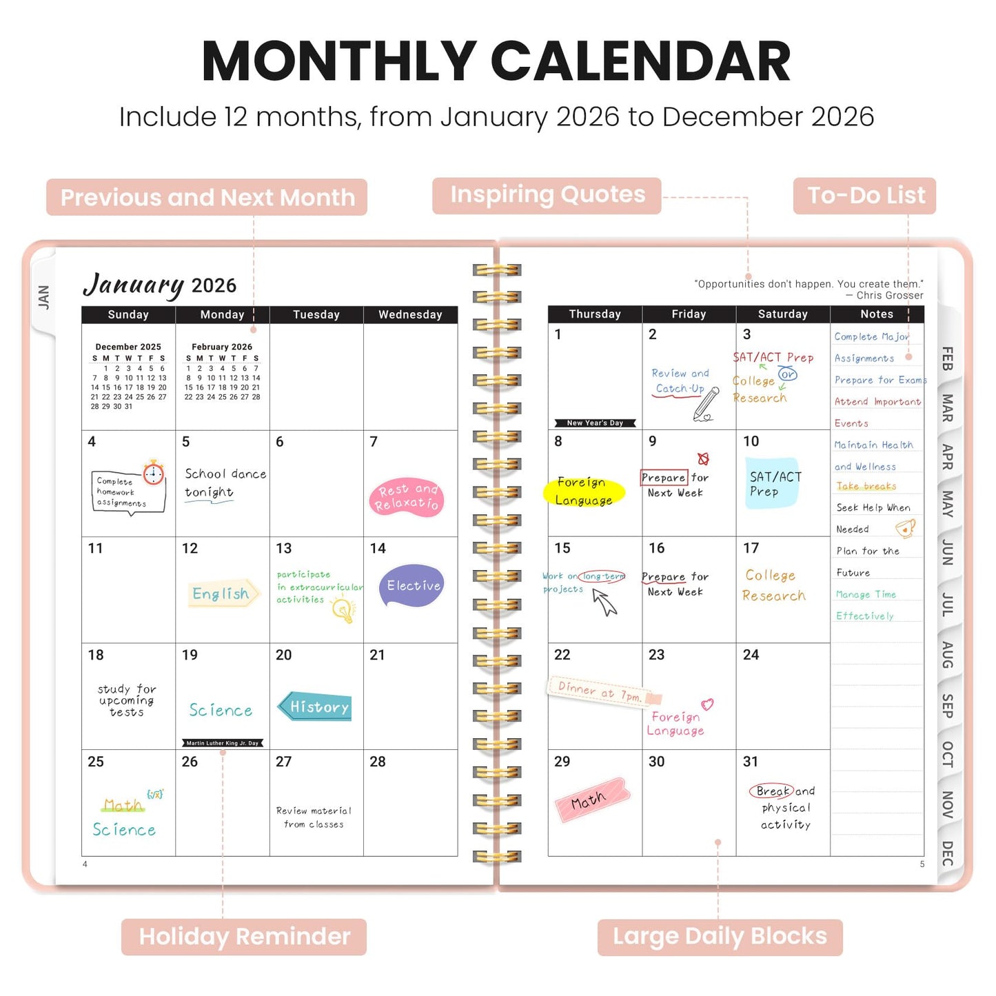 Hardcover 2026 Planner, Weekly and Monthly Calendar, Jan - Dec 2026 Planner Book with Tabs for Women, Inner Pocket, Spiral Bound, Perfect for Office/Home/School Supplies, Petals, A5, 6.3" x 8.5"