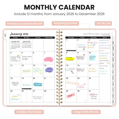 Hardcover 2026 Planner, Weekly and Monthly Calendar, Jan - Dec 2026 Planner Book with Tabs for Women, Inner Pocket, Spiral Bound, Perfect for Office/Home/School Supplies, Petals, A5, 6.3" x 8.5"