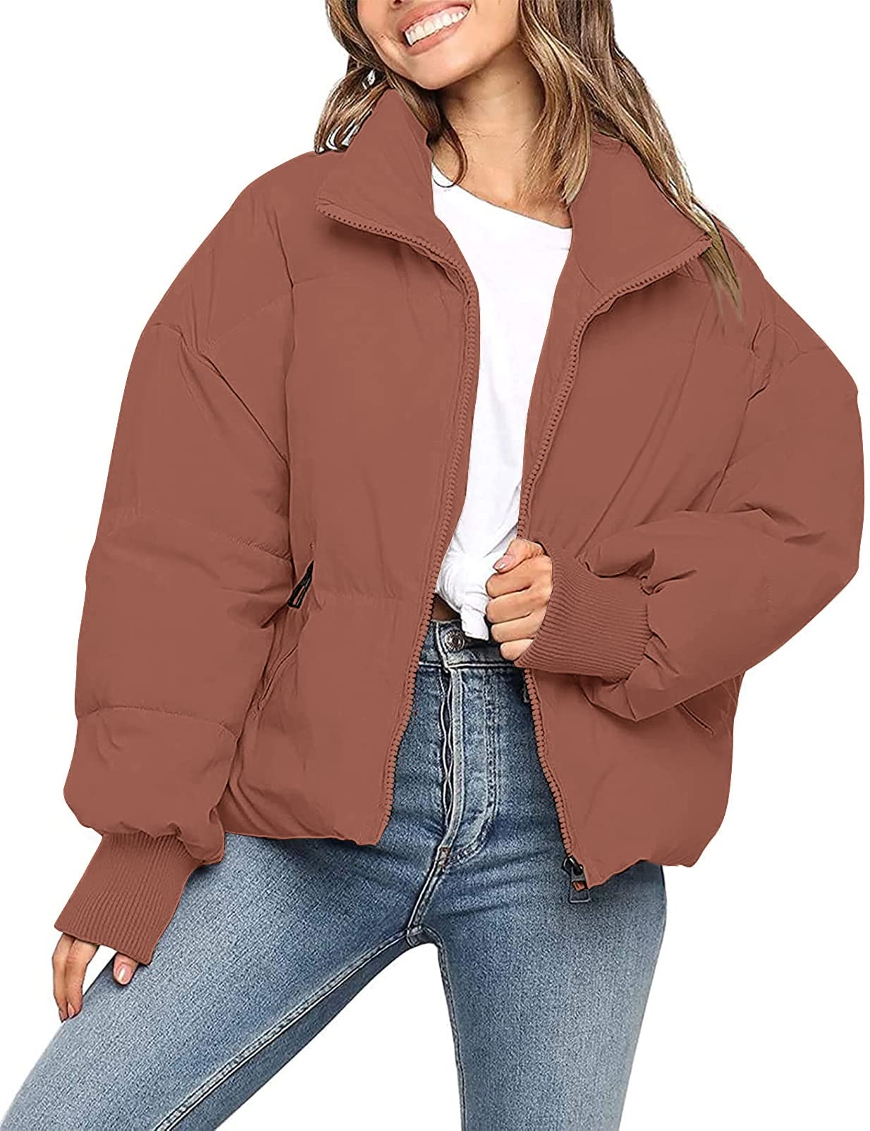 MEROKEETY Women's 2025 Winter Long Sleeve Zip Puffer Jacket Pockets Baggy Short Coats