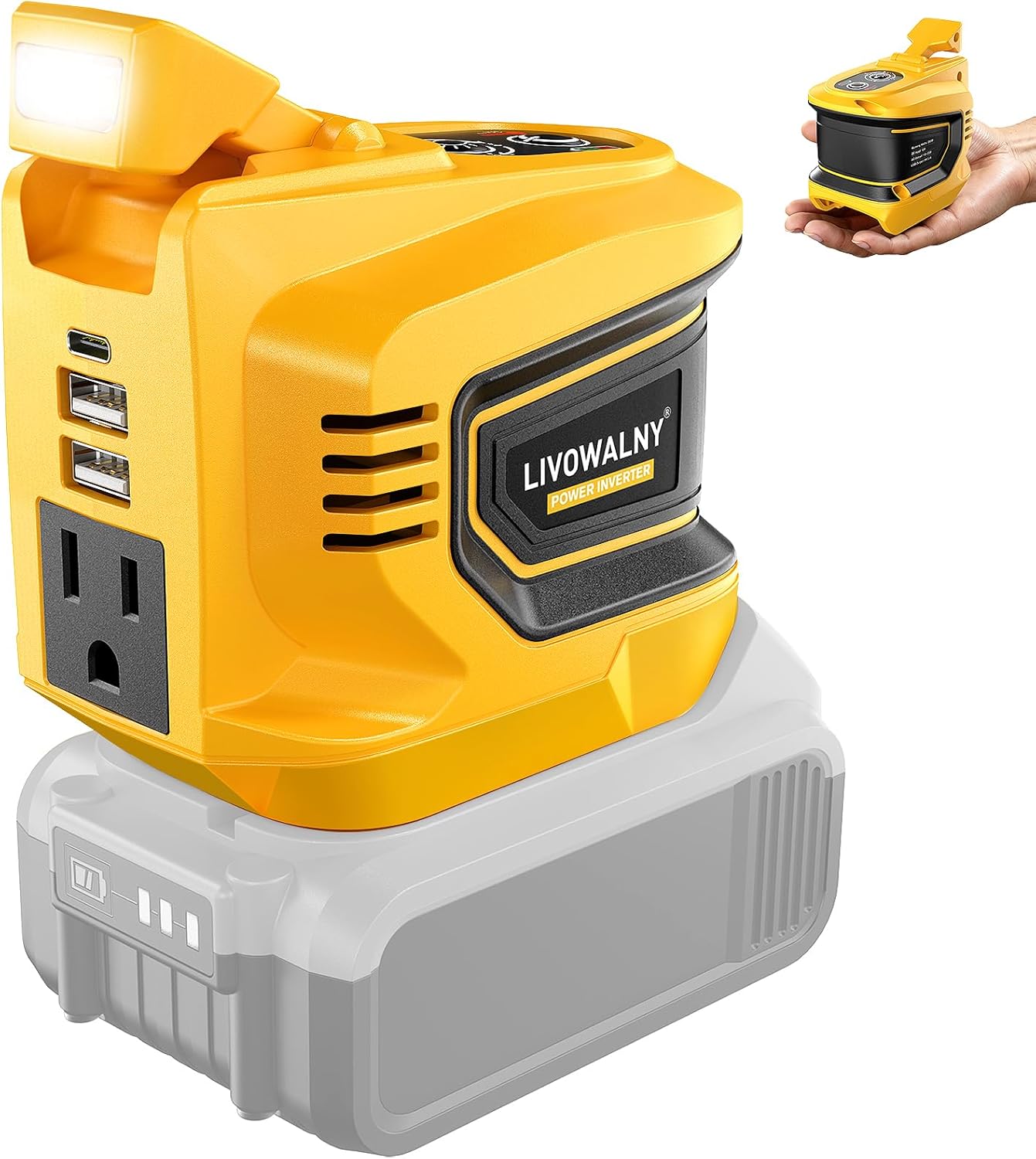 Real 200W Power Inverter Compatible With Dewalt, DC 20V to AC 110-120V Battery Inverter, LIVOWALNY Portable Power Station Generator, Charger Adapter Battery Powered with 2 USB & 1 Type-C & 1 AC Outlet