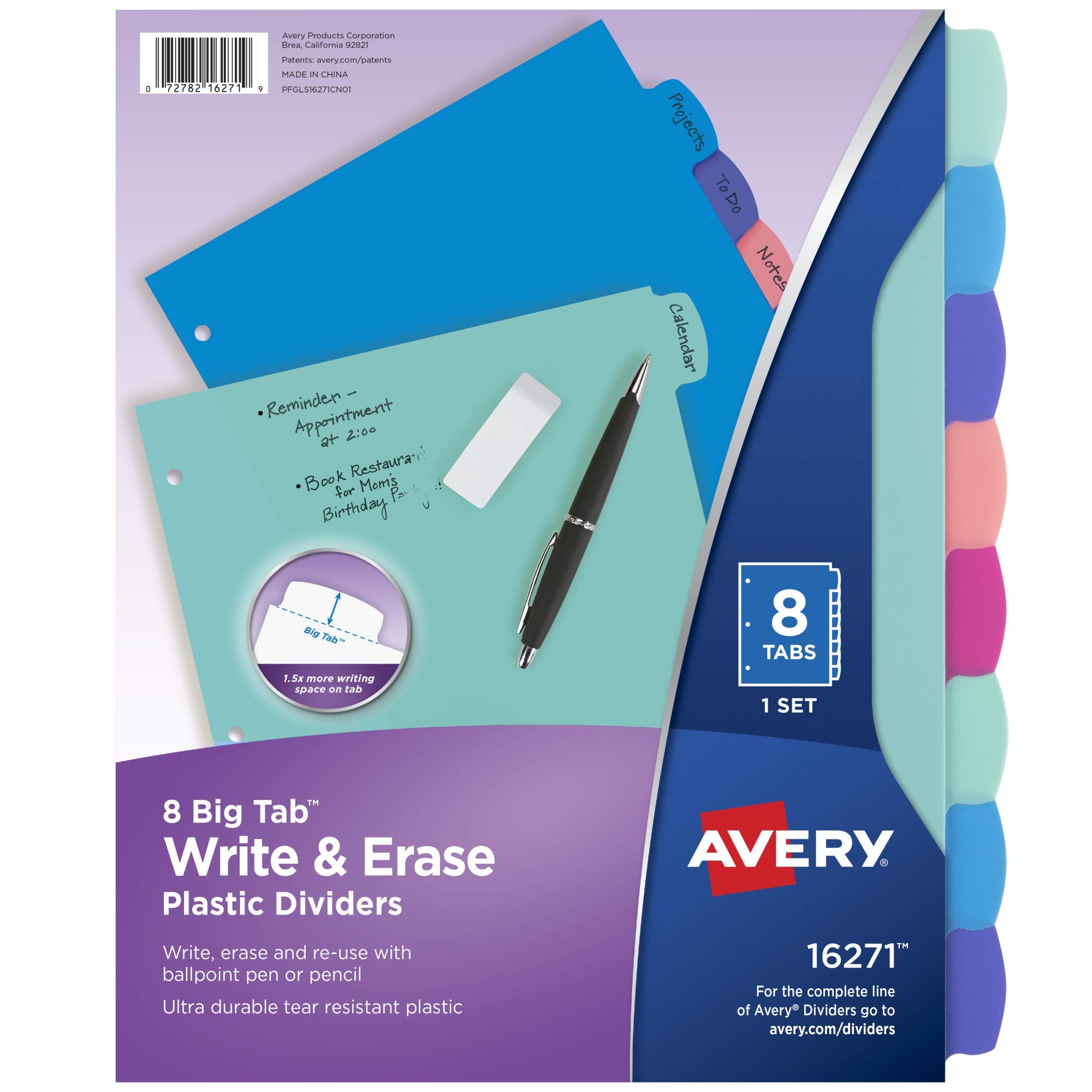 Avery Durable Plastic 5-Tab Write & Erase Big Tab Dividers for 3 Ring Binders, Pastel Brights (16270)