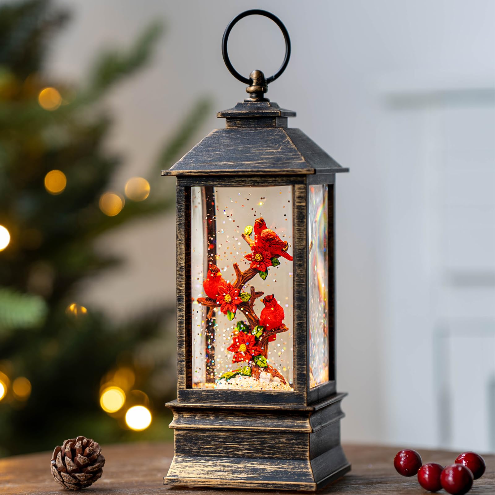 Christmas Snow Globes Christmas Water Lantern with Snowy Train Snowman, Music & 6H Timer, USB Lined/Battery Operated Lighted Lanterns for Xmas Festival Decoration Gifts