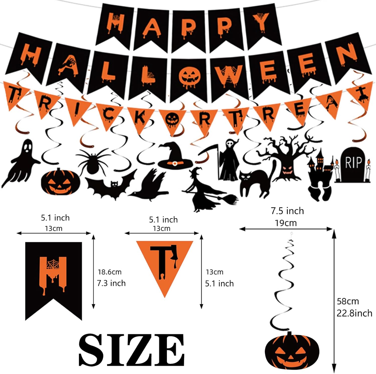 Halloween Decorations Indoor Party Decor, HAPPY HALLOWEEN Accessories with TRICK OR TREAT Banner, 3 PCS Large Garland Bat Ghost Pumpkin, Hanging Party Supplies Backdrop for Home Office Classroom