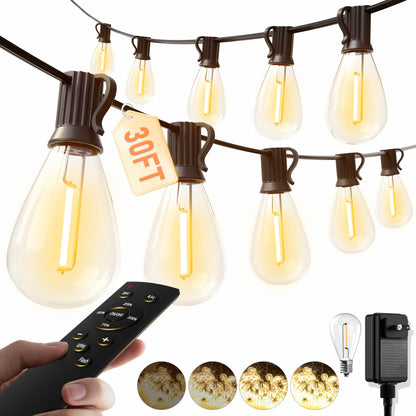 luckystyle 100FT LED Outdoor String Lights with Remote, 35+ 1 Shatterproof Bulbs Waterproof and Dimmable Patio Lights for Porch, Garden, Backyard, Deck, Balcony, 2700K Hanging Lighting