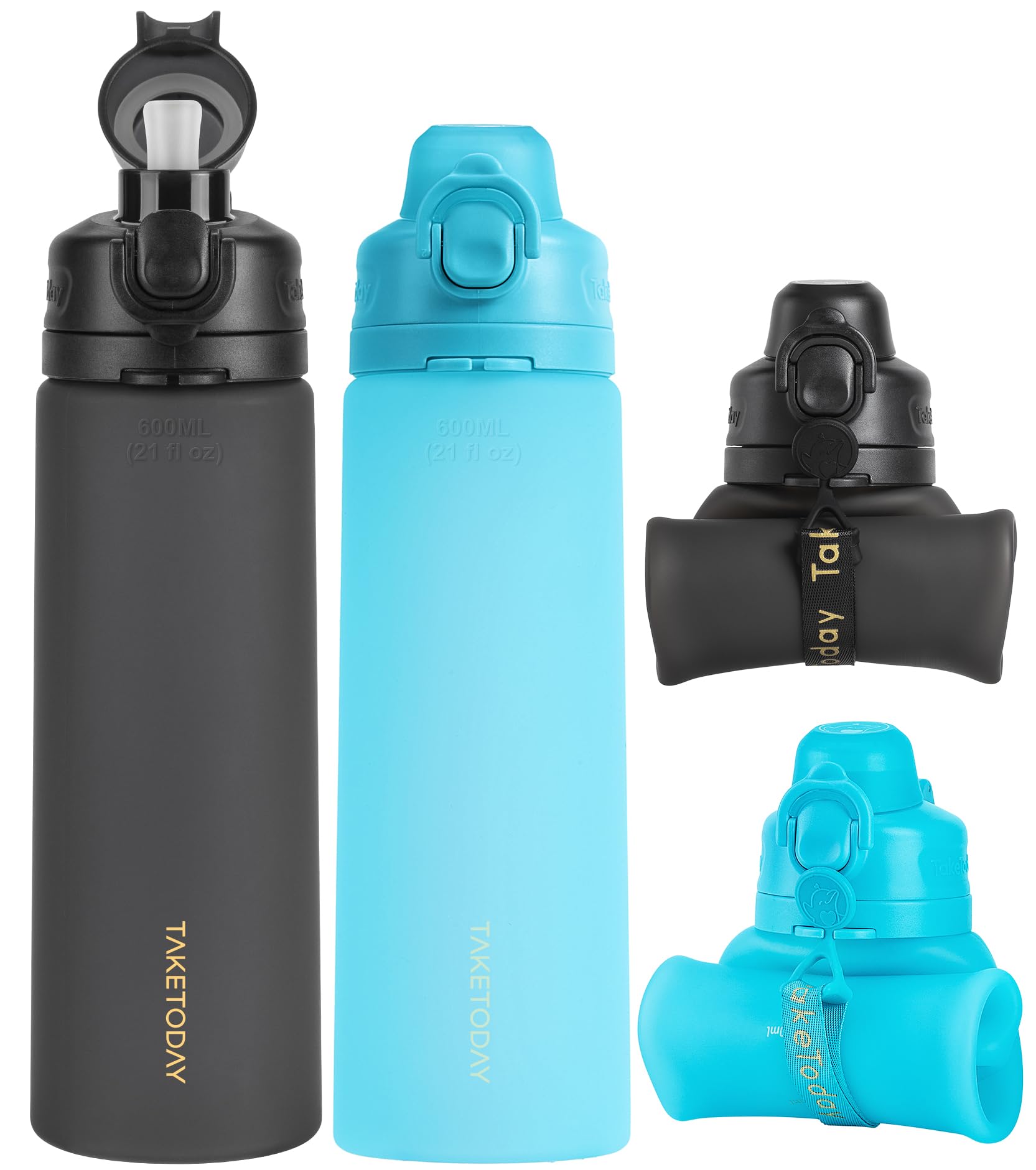 Collapsible Water Bottles 20oz, Leak Proof, BPA-Free, Foldable Silicone Travel Water Bottle with Straw Strap for Cycling, Hiking, Outdoors
