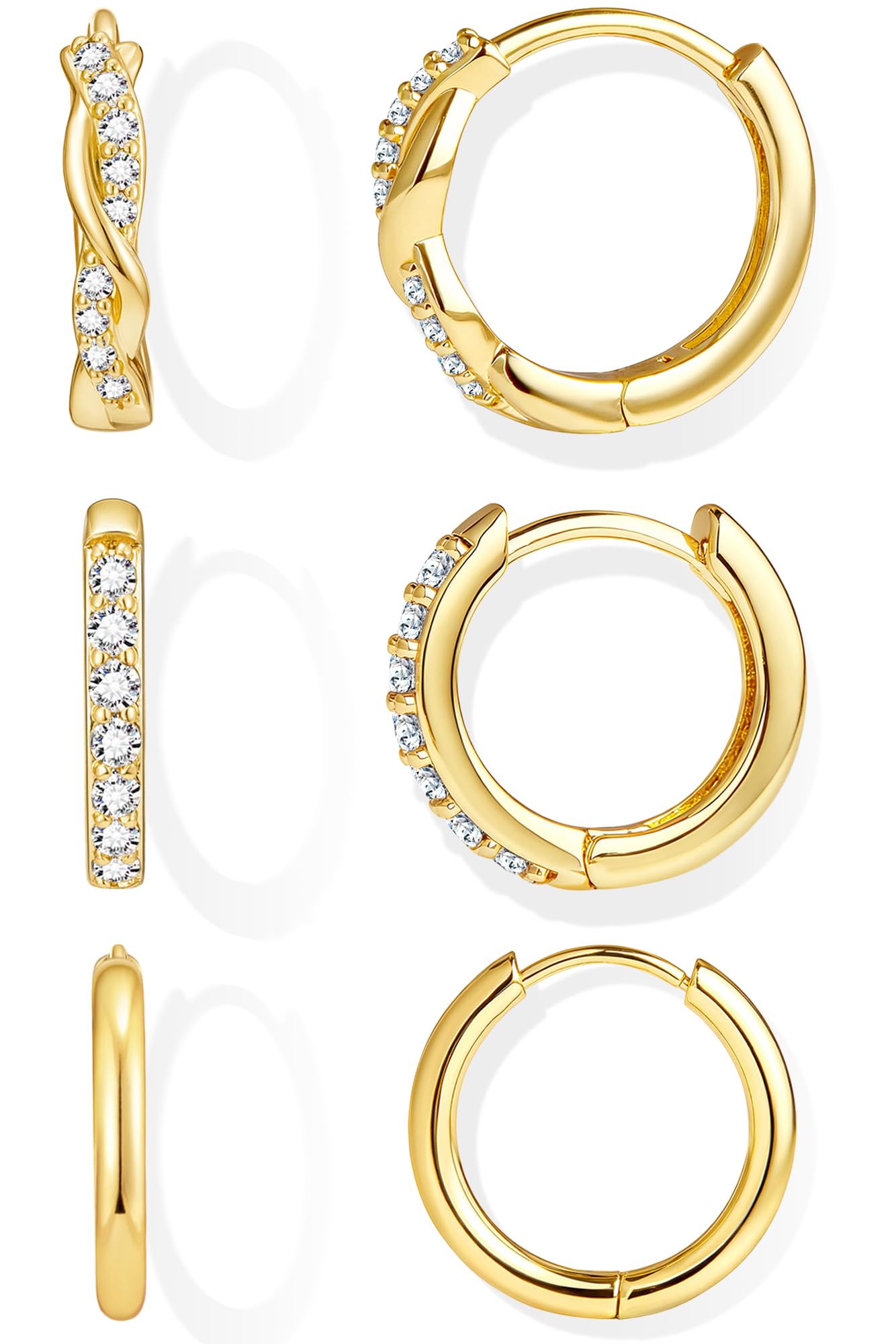 Inerney Gold Huggie Hoop Earrings Set for Women, Dainty Small Sterling Silver Earring Stacks Hypoallergenic Jewelry for Multiple Piercings, Trendy Twisted Cute Cartilage Hoops Birthstone Gift 3 Pairs