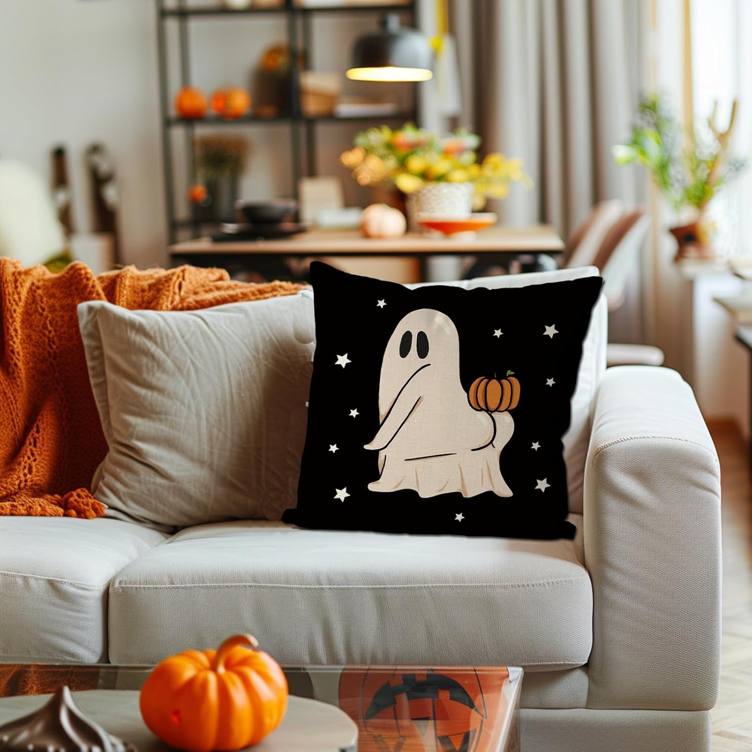 GAGEC Halloween Pillow Covers 18x18 Inch Funny Ghost Pumpkin Pillow Covers Halloween Throw Pillow Covers Holiday Pillowcase Cushion Case for Home Sofa Decor