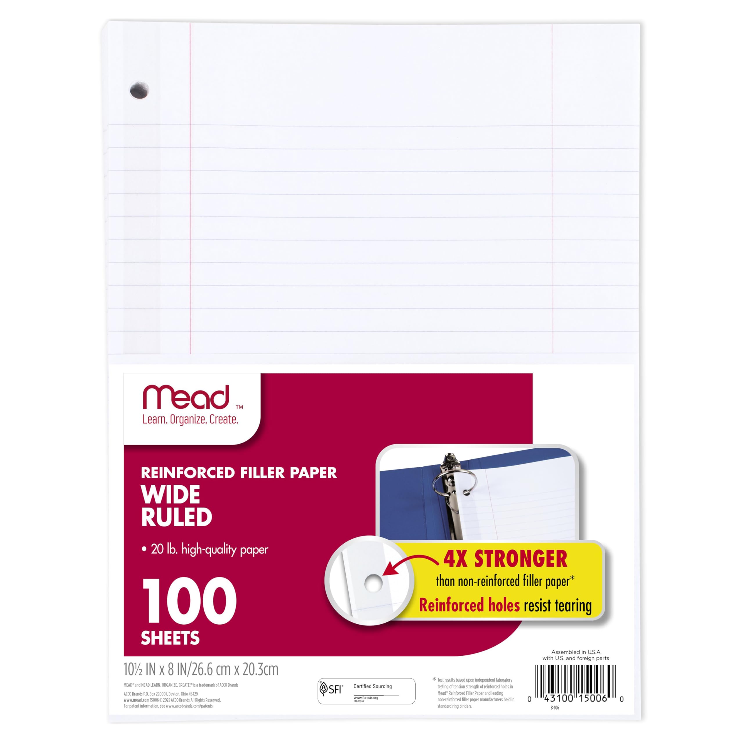 Mead Loose Leaf Paper, Wide Ruled Filler Notebook Paper, 8" x 10-1/2", 200 Sheets, Fits 3-Ring Binder (15200)
