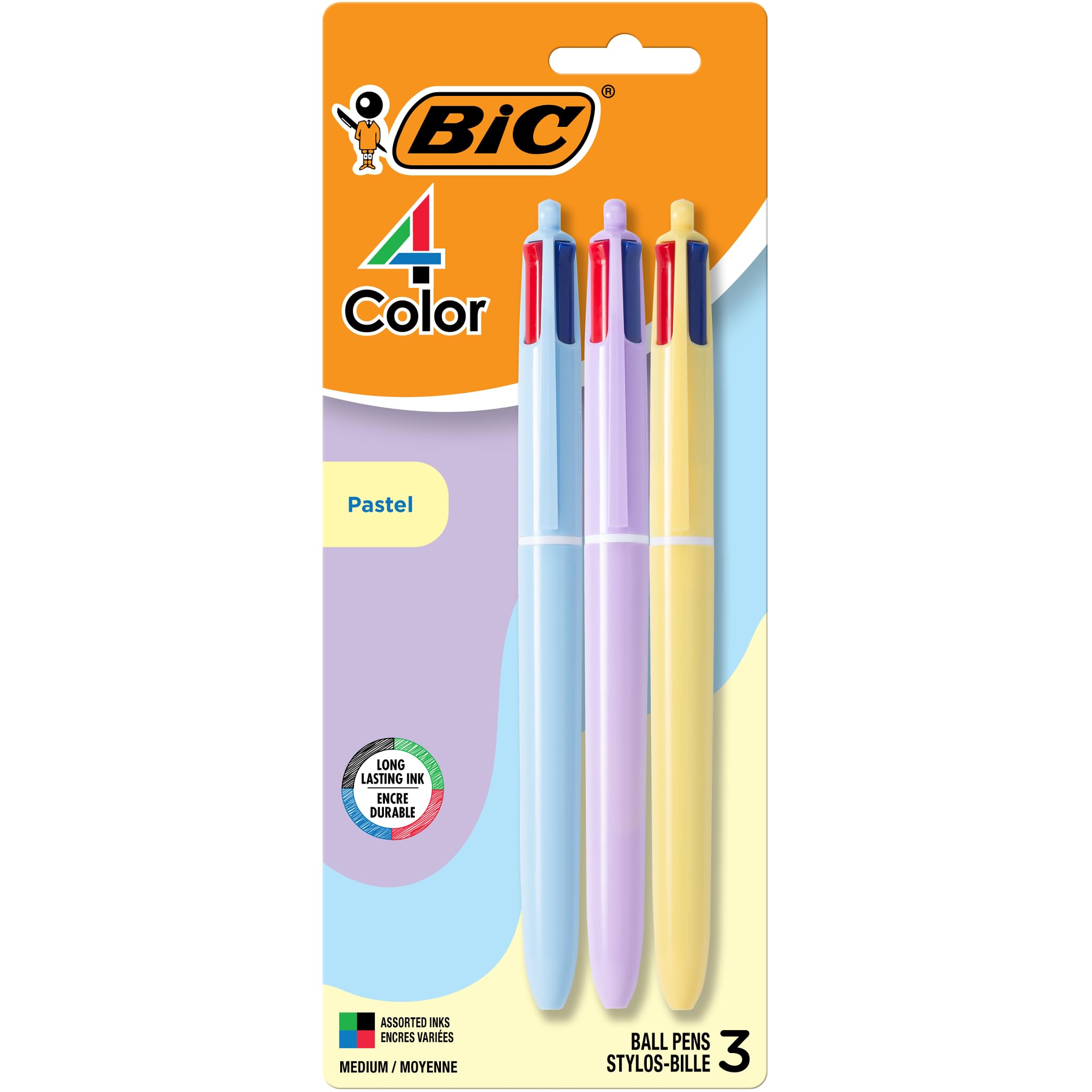 BIC 4 Color Pastel Ballpoint Pen with 1.0 mm Medium Point, Retractable, 12-Count Pack in Assorted Ink