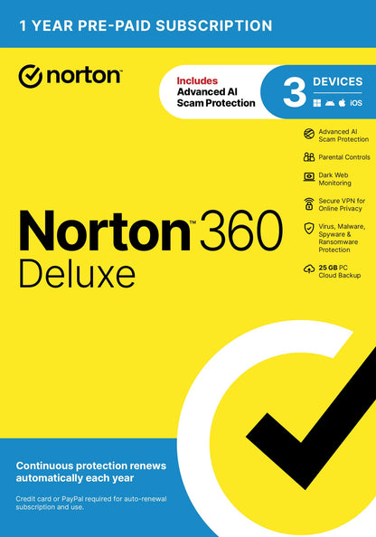 Norton 360 Deluxe 2026 Ready, Antivirus software for 3 Devices with Auto-Renewal – Includes Advanced AI Scam Protection, VPN, Dark Web Monitoring & PC Cloud Backup [Download]