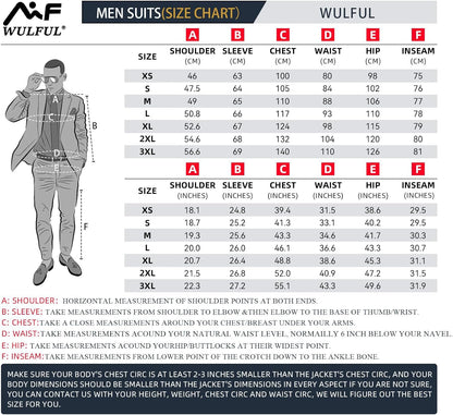 WULFUL Men’s Slim Fit Suit One Button 3-Piece Blazer Dress Business Wedding Party Jacket Vest & Pant