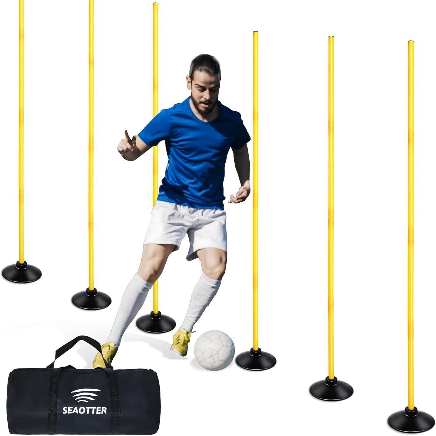 SEAOTTER Soccer Agility Poles Set, 4/6/10 Pcs 6ft Detachable Sports Trainning Speed Poles Slalom Poles with Rubber Base, Agility Training Equipment for Football, Rugby, Basketball, Indoor & Outdoor