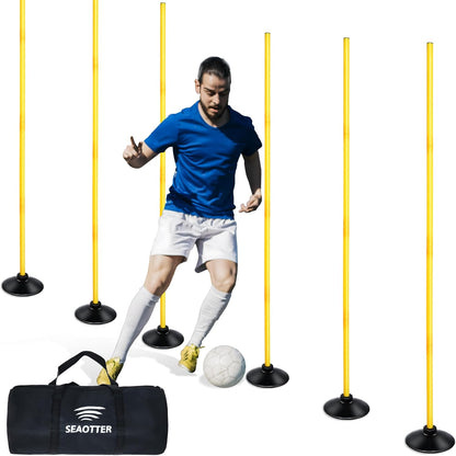 SEAOTTER Soccer Agility Poles Set, 4/6/10 Pcs 6ft Detachable Sports Trainning Speed Poles Slalom Poles with Rubber Base, Agility Training Equipment for Football, Rugby, Basketball, Indoor & Outdoor