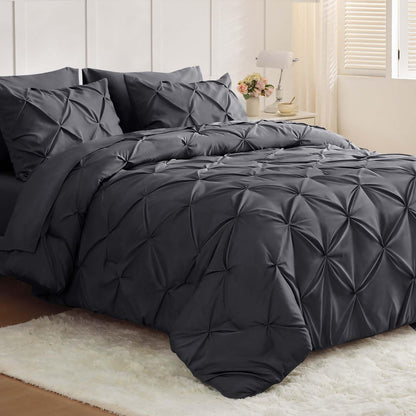 JOLLYVOGUE Queen Comforter Set 7 Pieces - Bed in a Bag Queen for All Season, Pintuck Bedding Comforter Sets with Comforter, Flat Sheet, Fitted Sheet and Pillowcases & Shams, Black