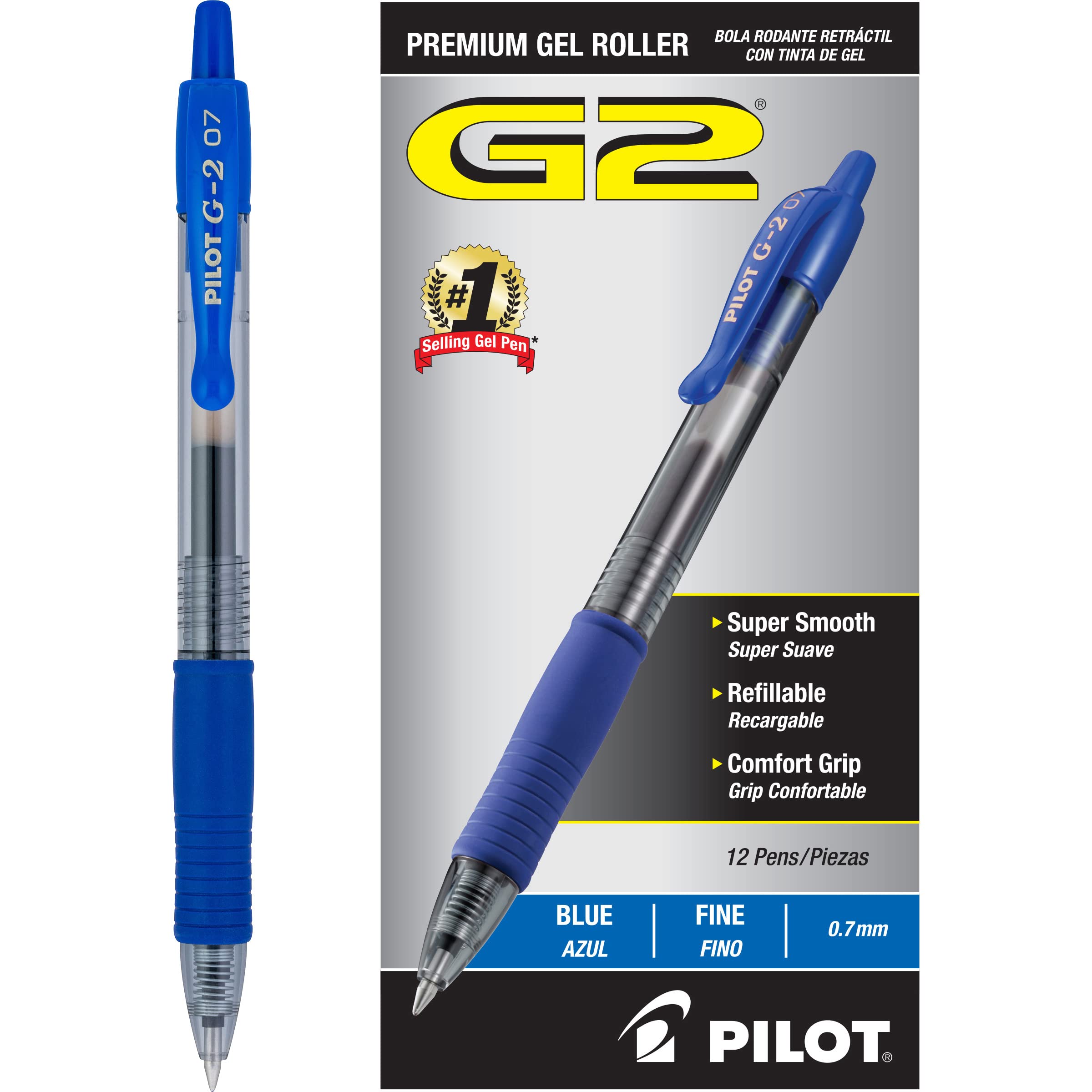 Pilot G2 Premium Gel Roller Pens 0.7, Fine Point Smooth Writing Pens Black, Pack of 12