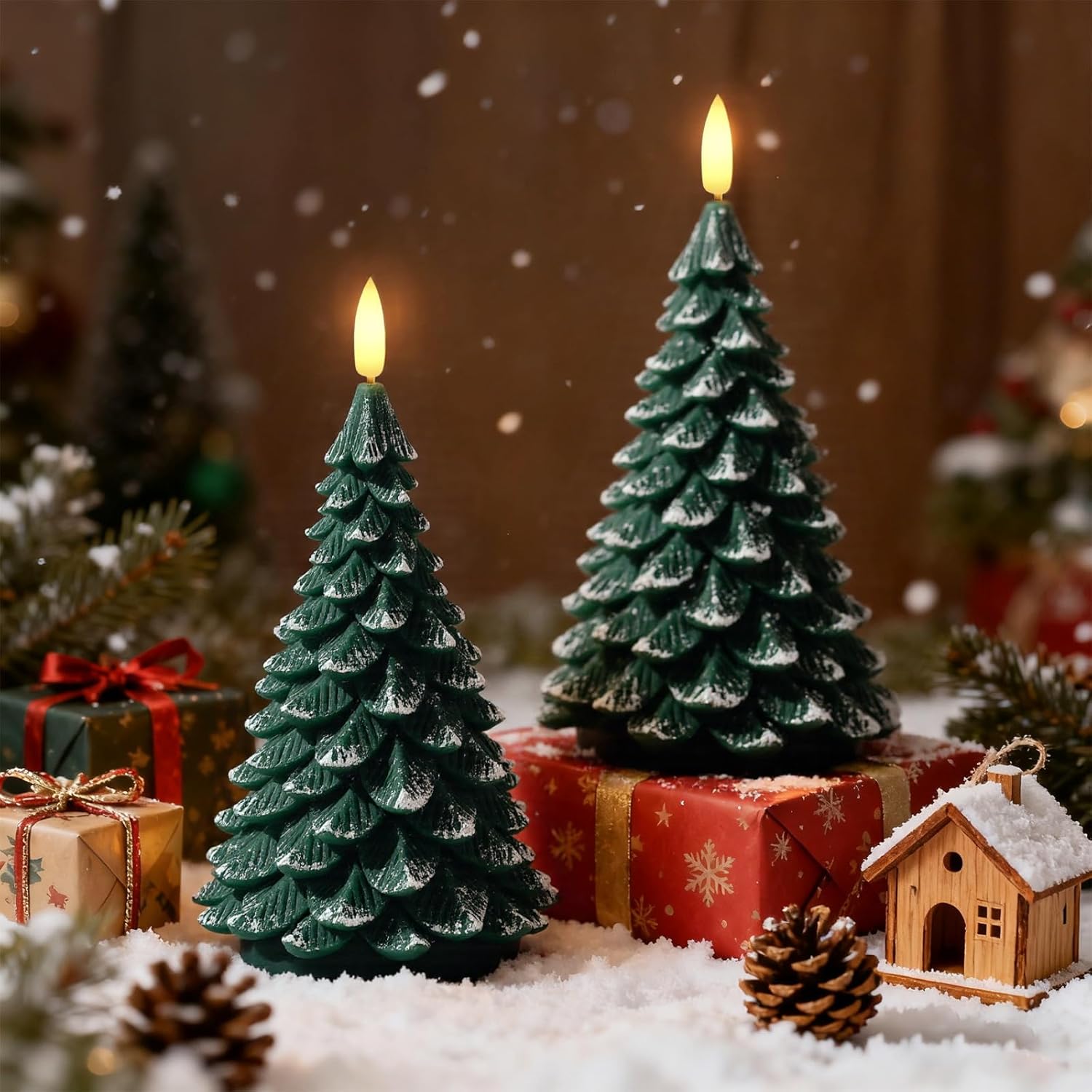 Christmas Decorations Indoor, Christmas Decor - Christmas Tree Candles Battery Operated, Flameless LED Candle Lights with 6H Timer, Xmas Home Decor, Set of 2(Green)
