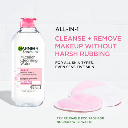 Garnier Micellar Cleansing Water, All-in-1 Makeup Remover and Facial Cleanser, For All Skin Types, 3.4 Fl Oz (100mL), 1 Count (Packaging May Vary)