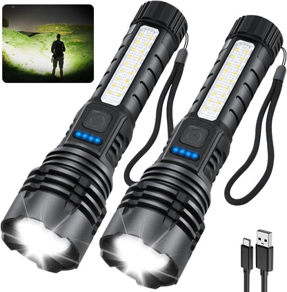 Rechargeable Flashlights High Lumens, 7Mode Flashlights Rechargeable, Super Bright Flashlight, Adjustable Tactical Flash Light, High Powered Flash Light, LED Flashlight for Emergency Home 2Pack