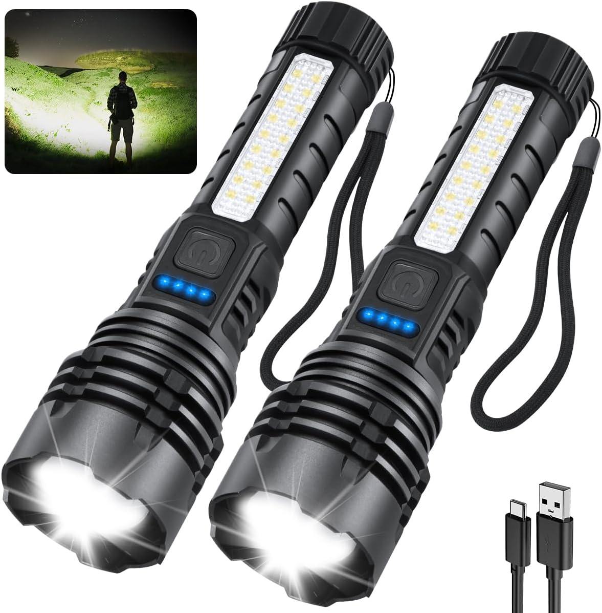 Rechargeable Flashlights High Lumens, 7Mode Flashlights Rechargeable, Super Bright Flashlight, Adjustable Tactical Flash Light, High Powered Flash Light, LED Flashlight for Emergency Home 2Pack